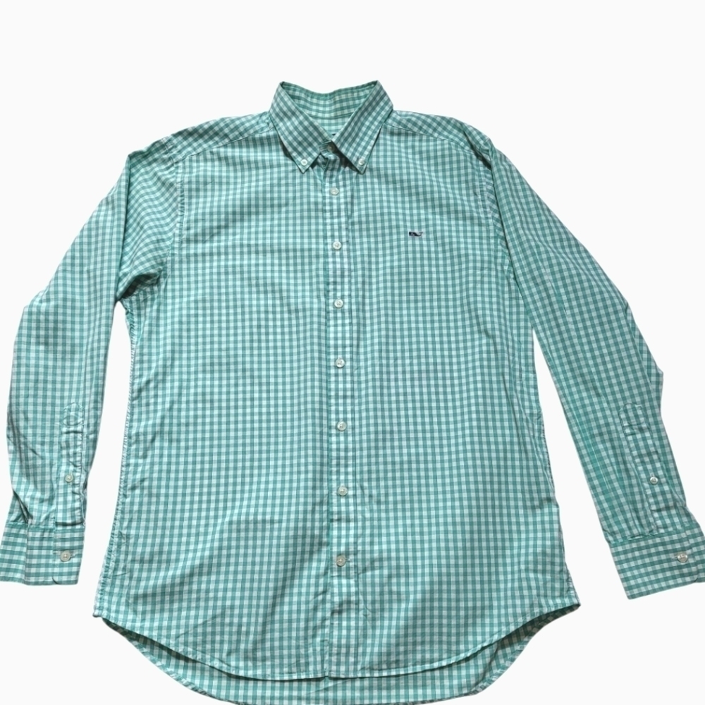 Vineyard Vines Mens Shirt Slim Fit Whale Mint Green White Plaid Long Sleeve Sz L